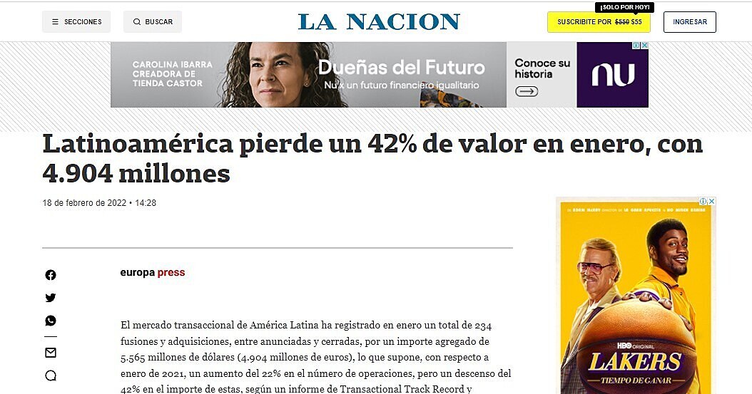 Latinoamrica pierde un 42% de valor en enero, con 4.904 millones